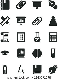 Solid Black Vector Icon Set - clip vector, calculator, new abacus, stacking rings, e, writing accessories, notebook, flask, scribed compasses, book on statistics, research article, presentation