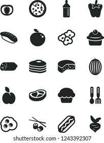 Solid Black Vector Icon Set - measuring bottle for feeding vector, iron fork spoons, sausage, cheese, pizza, Hot Dog, cake, muffin, bacon, peper, Chinese chopsticks, japanese sushi, popcorn, apple