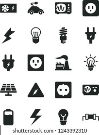 Solid Black Vector Icon Set - lightning vector, power socket type b, bulb, charge level, solar panel, factory, plug, electric, energy saving, car, light, pc supply, electricity, oscilloscope
