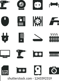 Solid Black Vector Icon Set - cordless drill vector, power socket type f, faucet mixer, screen, lens, plug, SIM, cast iron radiator, fan, mouse, pc tower, motherboard, gpu card, hdd, scanner, camera