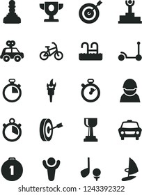 Solid Black Vector Icon Set - stopwatch vector, motor vehicle present, Kick scooter, car, racer, flame torch, winner, podium, prize, gold cup, pawn, target, purpose, first place medal, bike, pool