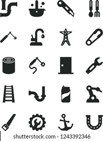 Solid Black Vector Icon Set - safety pin vector, iron fork spoons, arm saw, stepladder, sewerage, ntrance door, gear, stationery knife, kitchen faucet, anchor, tin, soda can, water pipes, power line