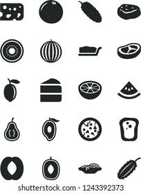 Solid Black Vector Icon Set - piece of cheese vector, pizza, slices onion, cake, slice, bacon, meat, cucumber, sandwich, water melon, half mango, delicious plum, peach, lemon, kiwi, grapefruit