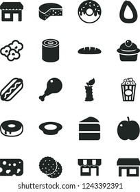 Solid Black Vector Icon Set - kiosk vector, stick of sausage, piece cheese, loaf, tin, Hot Dog, muffin, cake, with a hole, glazed, plate milk, chicken leg, popcorn, cup, biscuit, apple, stub, stall
