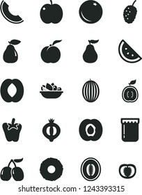 Solid Black Vector Icon Set - a plate of fruit vector, peper, jam, orange slice, ripe peach, apple, half apricot, pear, medlar, tasty mulberry, cornels, melon, guawa, pineapple, guava, tomato
