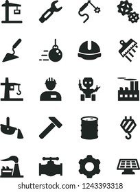 Solid Black Vector Icon Set - workman vector, hook, big core, cogwheel, building trowel, construction helmet, spatula, hammer, valve, factory, barrel, industrial, gears, tower crane, gas welding