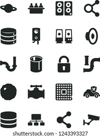 Solid Black Vector Icon Set - loudspeaker vector, sewerage, boiler, lock, big data, planet, cabbage, valve, water pipes, autopilot, processor, court hearing, connection, connections, scheme