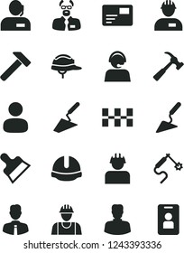 Solid Black Vector Icon Set - builder vector, workman, trowel, building, ceramic tiles, construction helmet, putty knife, hammer, with claw, employee, pass card, gas welding, woman, man, dispatcher