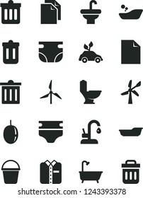 Solid Black Vector Icon Set - bin vector, clean sheet of paper, diaper, nappy, children's bathroom, bath, bucket, washbasin, toilet, kitchen faucet, dust, folded shirt, passion fruit, windmill