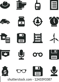 Solid Black Vector Icon Set - desktop microphone vector, floppy disk, hat, camera roll, new abacus, toy mobile phone, estimate, alarm clock, jar of jam, windmill, retro car, vintage sign, glasses