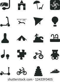 Solid Black Vector Icon Set - stacking rings vector, small teddy bear, box of bricks, child bicycle, Kick scooter, Puzzle, Puzzles, pawn, air balloon, hang glider, bike, tent, beach, pool, surfing