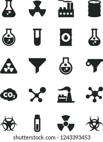 Solid Black Vector Icon Set - round flask vector, factory, oil, barrel, industrial building, radiation, carbon dyoxide, filter, water, test tube, molecule, nuclear, biohazard