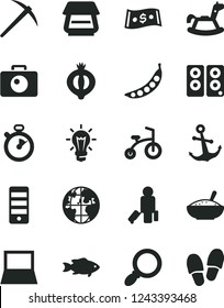 Solid Black Vector Icon Set - rocking horse vector, child bicycle, camera, anchor, a bowl of rice porridge, fish, half medlar, peas, planet, dollar, bulb, notebook pc, tower, scanner, speaker