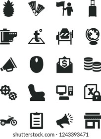 Solid Black Vector Icon Set - horn vector, camera roll, Baby chair, gears, concrete mixer, temperature, ripe pineapple, coins, computer, encrypting, mouse, globe, clipboard, man hold flag, flippers