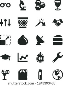 Solid Black Vector Icon Set - wicker pot vector, graph, expand picture, piece of cake, cocktail, glass, honeycombs, fig, half loquat, repair key, a crisis, handclasp, sd card, test tube, microscope