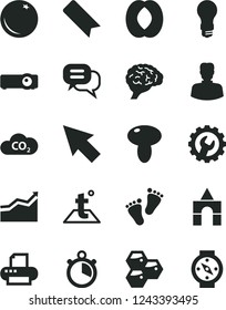 Solid Black Vector Icon Set - bookmark vector, footprints, box of bricks, gear, temperature, mushroom, orange, honeycombs, half peach, light bulb, CO2, woman, printer, projector, cursor, brain