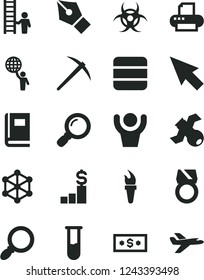 Solid Black Vector Icon Set - printer vector, magnifier, big data, cursor, test tube, satellite, book, biohazard, 3d cube, ink pen, flame torch, man hold world, with ladder, mine axe, gold ring