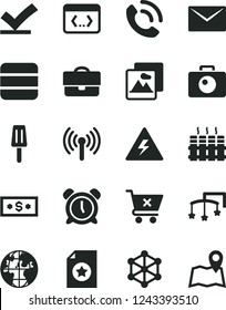 Solid Black Vector Icon Set - danger of electricity vector, alarm clock, toys over the cot, radiator, envelope, picture, camera, crossed cart, phone call, popsicle, portfolio, planet, coding, dollar