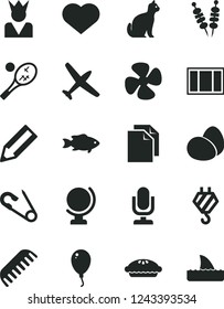 Solid Black Vector Icon Set - heart symbol vector, desktop microphone, clean paper, open pin, comb, balloon, hook, window frame, globe, eggs, fried vegetables on sticks, pie, fish, fan screw, pencil