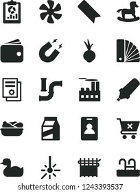 Solid Black Vector Icon Set - bookmark vector, rubber duck, small rocking horse, color samples, crossed cart, package, lettuce in a plate, beet, marine propeller, water pipes, industrial building