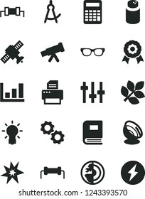 Solid Black Vector Icon Set - powder vector, printer, telescope, glasses, bulb, gears, settings, satellite, book, calculator, drawing compass, growth graph, earth core, medal, antenna, biology, bang