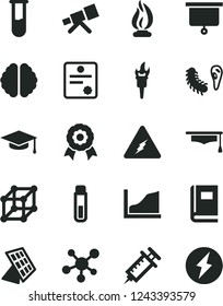 Solid Black Vector Icon Set - test tube vector, telescope, molecule, electricity, brain, bactery, book, flame, graduate hat, growth graph, medal, sun panel, syringe, presentation board, patente