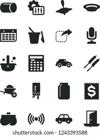 Solid Black Vector Icon Set - desktop microphone vector, motor vehicle, children's sand set, small yule, garden trolley, electronic boiler, move right, plate, barbecue, retro car, pipe, metallurgy