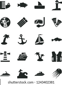 Solid Black Vector Icon Set - anchor vector, small fish, lighthouse, coastal, planet, sail boat, hotel, palm tree, flippers, diving mask, surfing, life vest, jet ski, cruiser, shark fin, yacht