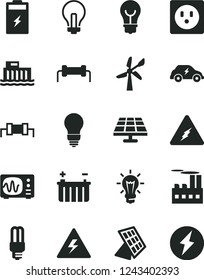 Solid Black Vector Icon Set - danger of electricity vector, incandescent lamp, bulb, charging battery, solar panel, wind energy, hydroelectric station, socket, industrial building, mercury light