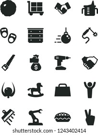 Solid Black Vector Icon Set - cargo trolley vector, chest of drawers, measuring cup for feeding, small rocking horse, shoes little children, big core, drill, arm saw, spatula, apple pie, cabbage