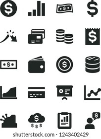 Solid Black Vector Icon Set - bank card vector, graph, cards, coins, column of, bar chart, a crisis, statistical report, denomination the dollar, financial item, wallet, cashbox, growth, money rain