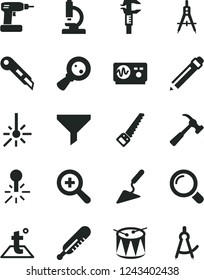 Solid Black Vector Icon Set - graphite pencil vector, zoom, mercury thermometer, drum, building trowel, cordless drill, arm saw, stationery knife, temperature, hammer with claw, magnifier, outdoor