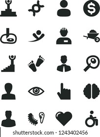 Solid Black Vector Icon Set - woman vector, children's tracks, workman, garden trolley, employee, heart, index finger, eye, man, dollar, dna, brain, bactery, artifical insimination, winner podium