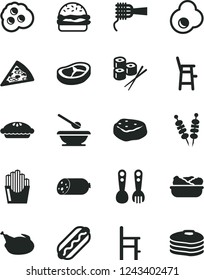Solid Black Vector Icon Set - plates and spoons vector, a chair for feeding, child, plastic fork, sausage, fried vegetables on sticks, piece of pizza, Hot Dog, burger, noodles, pie, lettuce in plate