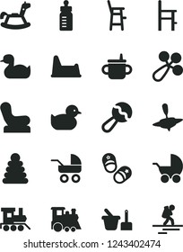 Solid Black Vector Icon Set - mug for feeding vector, bottle, beanbag, baby rattle, chair, stroller, carriage, rubber duck, duckling, stacking rings, toy sand set, potty, a, child, train, children's