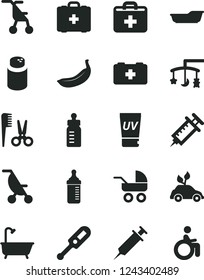 Solid Black Vector Icon Set - first aid kit vector, toys over the cradle, feeding bottle, measuring for, powder, baby carriage, summer stroller, sitting, electronic thermometer e, bath, medical