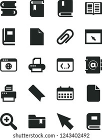 Solid Black Vector Icon Set - clip vector, bookmark, clean sheet of paper, zoom, folder, book, books, address, calendar, printer, browser, coding, cursor, file