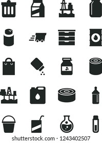 Solid Black Vector Icon Set - storage unit vector, measuring bottle for feeding, powder, baby, e, bucket, dust bin, package, canned goods, tin, jar of jam, sea port, commercial seaport, round flask