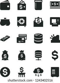 Solid Black Vector Icon Set - big data server vector, strongbox, cards, jam, column of coins, denomination the dollar, wallet, purse, dollars, cash, cashbox, gold bar, money rain, bag, mail, atm