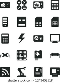Solid Black Vector Icon Set - lightning vector, monitor, calculator, rss feed, math actions, processor, assembly robot, SIM card, pc power supply, tower, motherboard, usb, oscilloscope, resistor