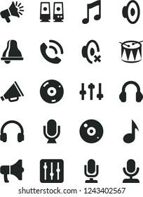Solid Black Vector Icon Set - bell vector, desktop microphone, horn, loudspeaker, silent mode, drum, music, regulator, phone call, megaphone, cd, headphones, pc speaker, note, settings