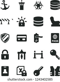 Solid Black Vector Icon Set - Baby chair vector, door knob, road fence, lock, key, anchor, passport, big data, reverse side of a bank card, encrypting, biohazard, airport tower, rope barrier, shield