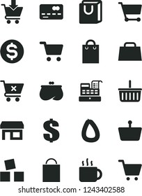 Solid Black Vector Icon Set - paper bag vector, grocery basket, dollar, cubes for children, put in cart, crossed, with handles, stick of sausage, cup tea, stall, shopping, front the bank card, purse
