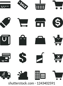 Solid Black Vector Icon Set - grocery basket vector, bank card, dollar, e, city block, put in cart, crossed, bag with handles, cards, label, kiosk, shopping, hand, Express delivery, cashbox