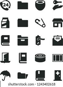 Solid Black Vector Icon Set - folder vector, open pin, e, window frame, door knob, received letter, umbrella, 24, package, canned goods, half of coconut, kiosk, book, arm with key, exit