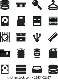 Solid Black Vector Icon Set - folder bookmark vector, storage unit, chest of drawers, key, big data, server, drawer, hanger, barrel, radiator fan, memory, hdd, usb, sd card