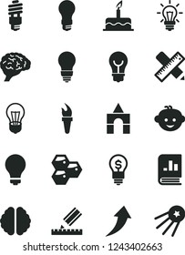 Solid Black Vector Icon Set - matte light bulb vector, children's hairdo, box of bricks, cake, writing accessories, drawing, honeycombs, energy saving, book on statistics, brain, flame torch, idea