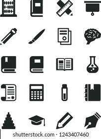 Solid Black Vector Icon Set - tassel vector, graphite pencil, calculator, stacking toy, e, abacus, writing accessories, book, notebook, square academic hat, flask, research article, test tube, brain