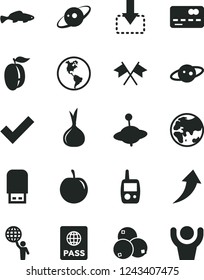 Solid Black Vector Icon Set - check mark vector, toy mobile phone, yule, passport, move down, small fish, blueberries, ripe plum, tasty, onion, planet, Earth, front of the bank card, usb flash