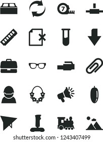 Solid Black Vector Icon Set - clip vector, downward direction, renewal, long meashuring tape, building block, delete page, date fruit, racer, briefcase, loudspeaker, memory, connect, lan connector